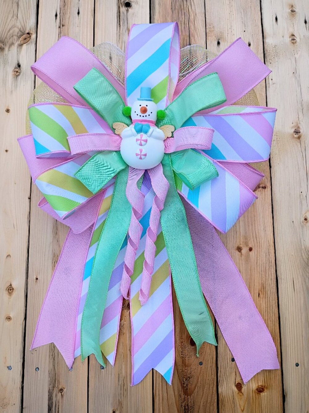 Pastel Snowman Christmas Bow, Pink Mint Holiday Door Swag, Candyland Christmas